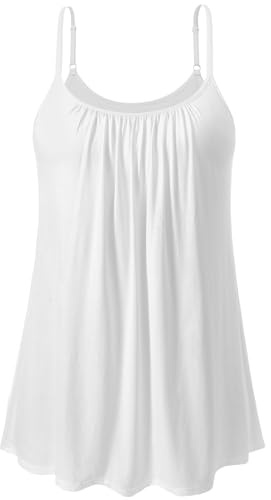 Vislivin Camisole Tank Tops for Women Built in Bra Cami Pleated Loose Fit Vest Top Casual Flowy Adjustable Strap S-XXXXL White-L