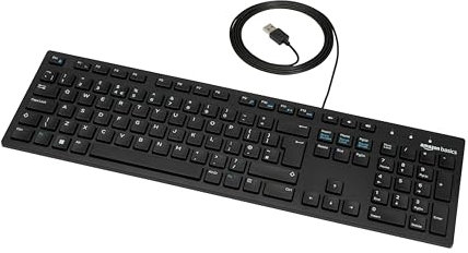 Amazon Basics Full size Wired Keyboard Compatible with Laptop PC Tablet, USB Plug-and-Play, QWERTY UK Layout, Matt Black