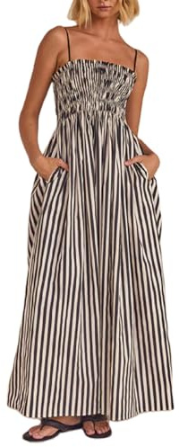 KMBANGI Women Striped Sleeveless Maxi Dress Swing Cutout Midi Dress Backless Smocked Spaghetti Strap Boho Flowy Long Sundress(Cami Stripes,L)