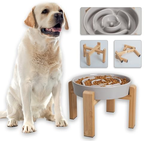 Comedero antivoracidad Elevado para Perro - Cuenco de cerámica con Soporte de bambú - Plato Laberinto para alimentación Lenta - Ideal para Perros medianos y Grandes - Gris - 22,5 cm