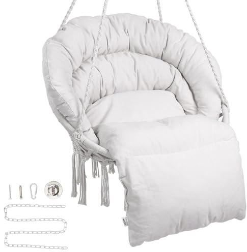 VEVOR Fauteuil Suspendu, 150 kg, Chaise Suspendue pivotante macramé, Coussin, matériel de Montage, Corde en Coton, Chaise Relax à Franges, pour Chambre, terrasse, Jardin, intérieur, extérieur, Beige