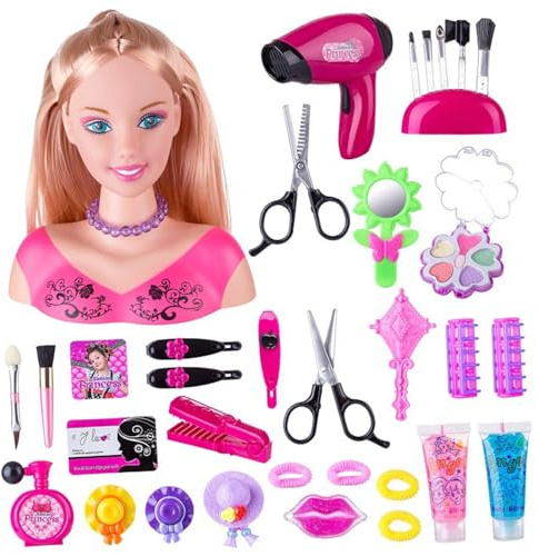 HoveeLuty 35Pcs/Set Doll Head for Hair Styling and Make Up Accessories Set, Colorful Realistic Playset Styling Head Doll for Girls Pretend Play Birthday, Style 2 Hair Style for Girls