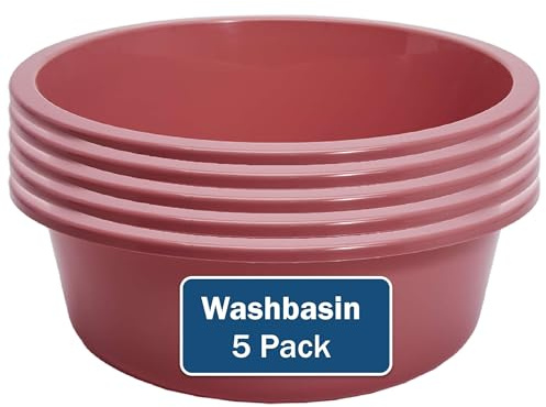 Plastic Wash Basin - 5 Pack of 5 Liter Round Plastic Tub with Rolled Rim - Good for Washing Veggies, Laundry, and Hands and Feet - Good for Hospitals, Nursing Homes, and Medical Facilities