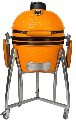 Barbecue Kamado Grill japonais en Céramique - Ø40 cm - Tables d'Appoint Pliantes - Roulettes - Charbon de Bois - Thermomètre Intégré - Poignée en Bois - Couleur Orange - Idéal Jardin, Camping