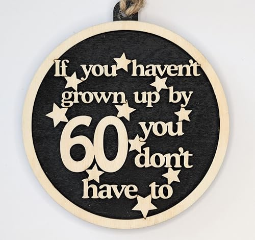 Chirpy & Goose 60th Birthday Wooden Plaque, 10 cm Decorative Gift Tag with Stars, Black and Natural Wood