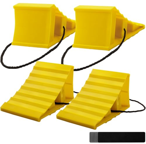 Seuqhck 4 Pack Wheel Chocks, Heavy Duty Non Slip Wheel Chocks with Rope, Plastic Hard Wheel Stoppers Block for Camper Cars, RV Trailer, Trucks (Yellow)