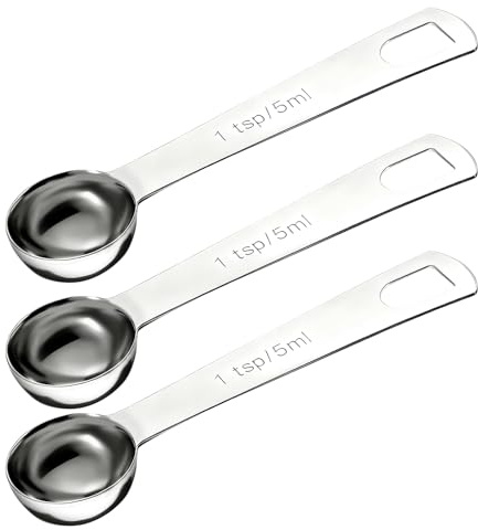 3 cucchiaini dosatori, cucchiai dosatori da 5 ml, in acciaio inox, 1 cucchiaino da tè, 1/3 cucchiaio, cucchiaio dosatore con manico corto per una cottura precisa, cottura e misurazione delle spezie