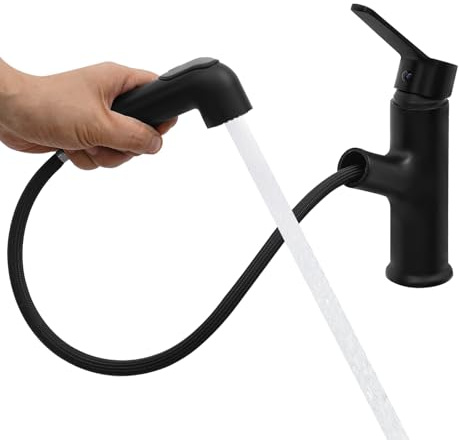 Lavabo monomando con ducha extensible, 2 tipos de chorro y válvula de cerámica, adecuado para alta presión y baja presión, moderno grifo para lavabo para baño (negro)