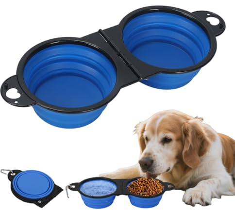 Comedero para perros 2 en 1, cuenco de viaje plegable integrado sin borde, cuenco portátil de plástico para viajes, paseos y acampada (azul)