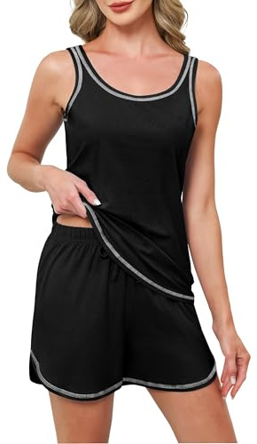 Reliwel Conjunto de pijama de algodón para mujer, camiseta sin mangas y pantalones cortos, ropa de dormir de algodón suave, conjuntos de descanso para mujer