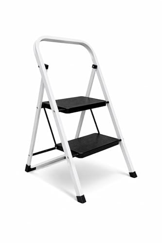 Escalera Plegable de Metal Domestica Color Gris Oscuro, Taburete Plegable peldaño Extra Ancho y con Apoyabrazos Carga hasta 150 KG (2p Blanca)
