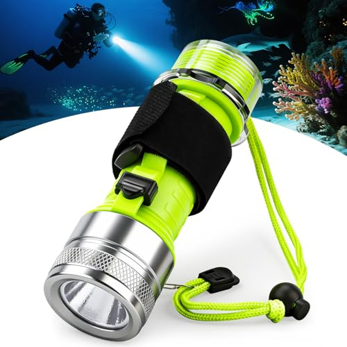 Lampe de plongée, 1500 lumens, lampe de poche de plongée rechargeable LED avec 3 modes, IPX8 étanche, lampe de poche sous-marine avec dragonne, pour plongée, camping, randonnée, pêche, argent