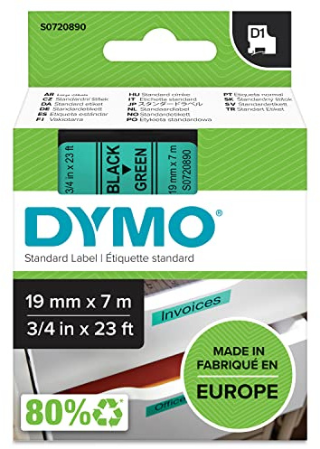 DYMO Authentic D1 Labels | Black Print on Green Tape | 19 mm x 7 m | Self-Adhesive Labels for LabelManager Label Makers | Made in Europe