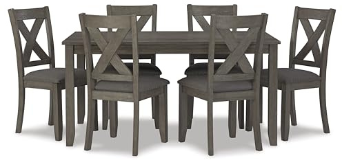Signature Design by Ashley Caitbrook Rustic 7-Piece Dining Set – Rectangular Table with 6 X-Back Upholstered Chairs, Gray