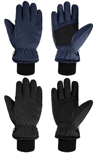 SATINIOR 2 Pairs Kids Waterproof Snow Gloves Boys Girls Windproof Winter Warm Ski Gloves for Cold Weather(12-14 Years,Black, Navy Blue)