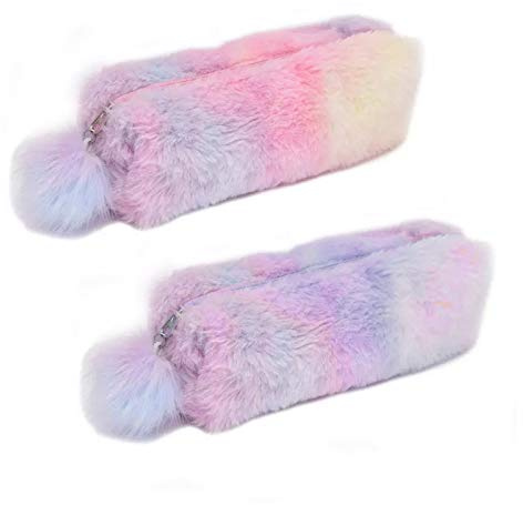 Hileyu 2 Stück Plüsch Regenbogen Bleistift Fall, weich, flauschig Federmäppchen,Reise Kosmetiktasche,Farbige Federmäppchen
