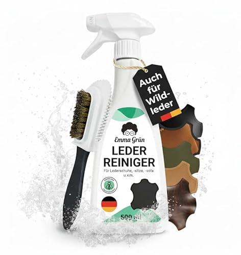 Emma Grün® Lederreiniger & Alcantara Reiniger 500ml [+WILDLEDERBÜRSTE] - Lederpflege Auto für Autositze - Kunstleder & Wildleder Reiniger - Leder Reinigung Auto & Schuhe - Made in Germany