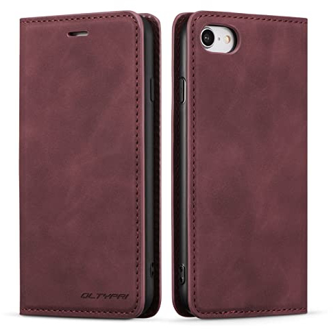 QLTYPRI Case for iPhone SE 2022 5G/SE 2020/8/ 7, Premium PU Leather Cover TPU Bumper with Card Holder Kickstand Magnetic Adsorption Flip Wallet Case - Wine Red