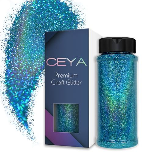Ceya 100 g holografiskt ultrafint glitterpulver laser himmelsblå glitter 1/128 tum 0,008 tum 0,2 mm för Slime epoxiharts hantverk tumlare smycken nagelkonst festival smink klippbok målning