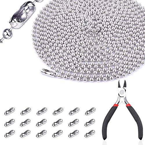 sinzau 15 Meter Kugelkette, 2.4 mm Edelstahlkette, mit 100 Passenden Anschlüssen und 1 Schmuckzange, Edelstahl Perlen Rollenkette für DIY, Halsketten, Armbänder und Schlüsselanhänge