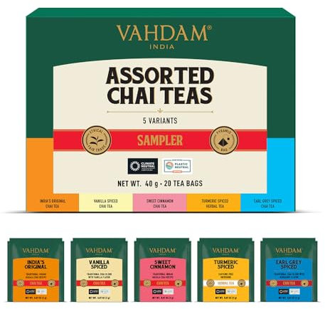 VAHDAM, Assortiment De Thé Chai – Coffret Cadeau De Thé (5 Saveurs, 20 Sachets De Thé) Coffret D'Infusion De Avec Mélanges Indien Masala Chai | Cadeaux De 2025