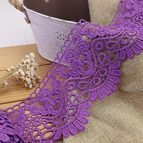 IDONGCAI Venice Lace Trim - 4 Inch Wide Lace Edge Floral Wedding Applique DIY Sewing Crafts (Light Purple)