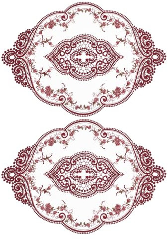 sourcing map 2er Pack Retro Spitzen-Tischset 30x44 cm ovale bestickte Tischsets französische Häkeldeckchen Untersetzer Tassenmatte für Zuhause und Hochzeit, Rot