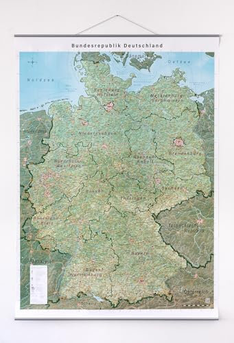 GeoMetro XL Deutschlandkarte mit Laminierung und Leisten zum Aufhängen, beschreibbar, reißfest, Bundesrepublik Deutschland, 140 x 100 cm, 2023