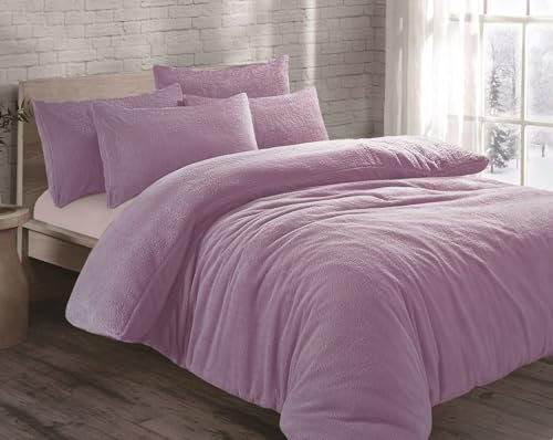 Brit House Teddy Bear Fur Sherpa Fleece Duvet Cover Set Pillowcases Bed Linen Super Soft Cosy Warm Winter Quilt Cover Bedding Set (Lilac, King)