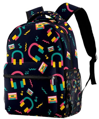 Neon Funky Head Phone Background Backpack Casual Sports Daypack Travel School Bag with Multiple Pockets for Men Women College, mehrfarbig, 29.4x20x40cm/11.5x8x16 in