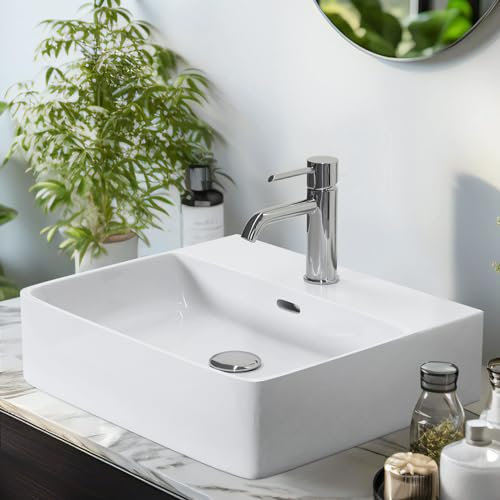 EMKE Waschbecken Aufsatzwaschbecken, Hängewaschbecken für Badezimmer Gäste WC 50 x 43 x 13 cm, Eckig Handwaschbecken Klein Waschbecken Bad Wandwaschbecken Waschtisch Weiß