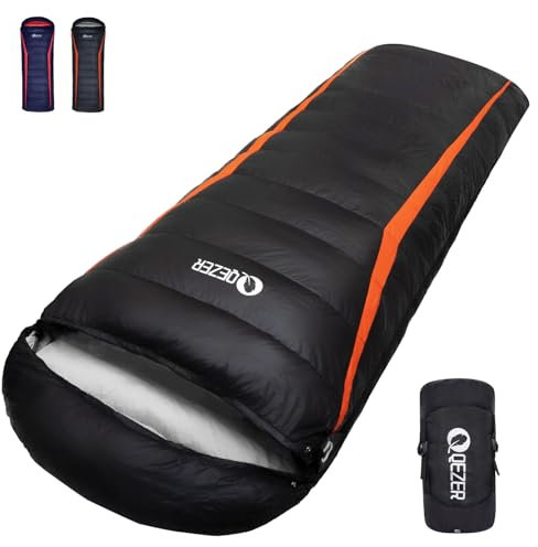 QEZER Daunenschlafsack, Winterschlafsack, 600FP+ Premium-Daunen, 12°C bis -24°C, leicht und warm für 3-4 Jahreszeiten, Camping, Wandern und Outdoor-Trekking (Schwarz/Orange 8℃)