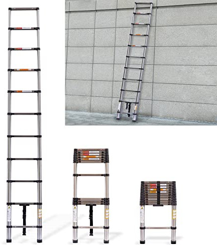 3.2M/10.5FT Telescopic Ladder Stainless Steel Loft Ladder, EN131 Safety Multi-Purpose Ladders Extendable Roof Ladder with Height Adjustable, Anti-Slip Rubber Feet, Portable Folding Ladder