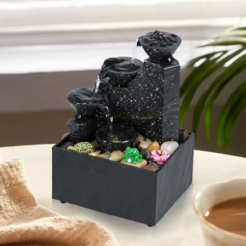 Littleduckling Fontaine de table d'intérieur - Fontaine à eau de méditation - Petite fontaine en cascade - Décoration de bureau - Fontaine de table d'intérieur avec lumières LED et galets pour