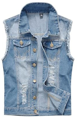 Chaleco de mezclilla para hombre, casual, delgado, sin mangas, abrigo de mezclilla con solapa rasgada, chaleco clásico de vaquero vintage con bolsillos, para motocicleta, punk, motociclista, estilo