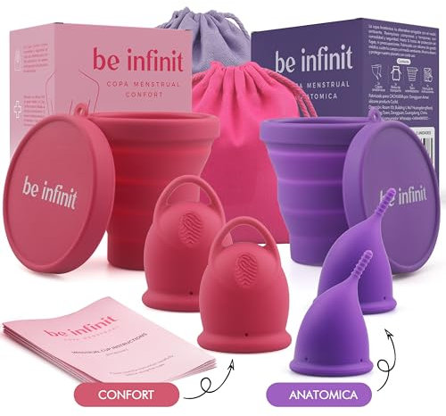 Copa menstrual BE INFINIT un modelo para cada estilo-tus días relajados-tus días de exigencias, Ideal deportistas-2 copas+vaso esterilizador+bolsa portable-2 modelos-SILICONA GRADO MEDICO-CONFORT S