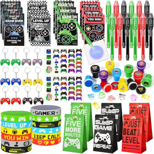 Videospiel Mitgebsel Kindergeburtstag 6 7 8 9 10 Jahre, Gastgeschenk Kindergeburtstag mit UV Stift & Notizbuch Stempel Controller Schlüsselanhänger Aufkleber Partytüten Gamer Spiel Give Aways Junge