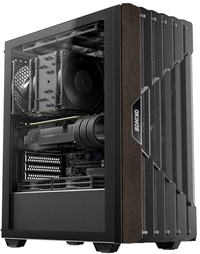 Okinos Oak Wood ATX PC Case, 4 x 120mm 3 Pin Non-PWM Case Fans Pre-Installed, Type-C Port, Tempered Glass Side Panel, Black Mid-Tower Computer Case, Cypress 5 AIR