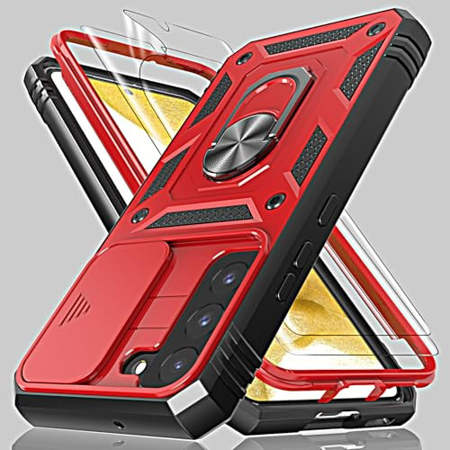 for Samsung S22 Case with Camera Cover Slider, 2*Screen Protectors,Build in 360°Rotating Ring Kickstand, Military Grade Protective Case for Samsung Galaxy S22 6.1-Black/Red
