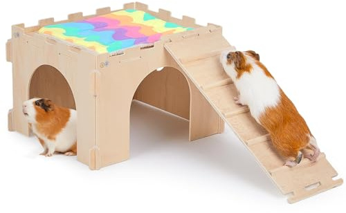 BeBeJoJo Casetta in Legno per Porcellini d’India, Casa Rifugio per Cavie con Rampa, Porte e Finestre Multiple, Accessorio Gabbia e Arredamento per Piccoli Animali