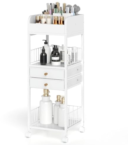 GIANTEX Carrello portaoggetti per cosmetici, organizer per trucchi, con 2 cassetti, 2 ripiani aperti e cubi, 4 ruote, 30 x 30 x 90 cm, carrello multifunzionale per bagno, camera da letto