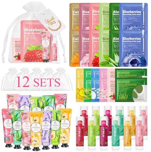 72 Pcs Gifts For Women, Bulk Face Masks, Lip Balms, Hand Creams & Under Eye Patches, Spa Party Supplies,Party Favors For Bridal Wedding, Galentines Party Favors, Christmas Stocking Stuffers
