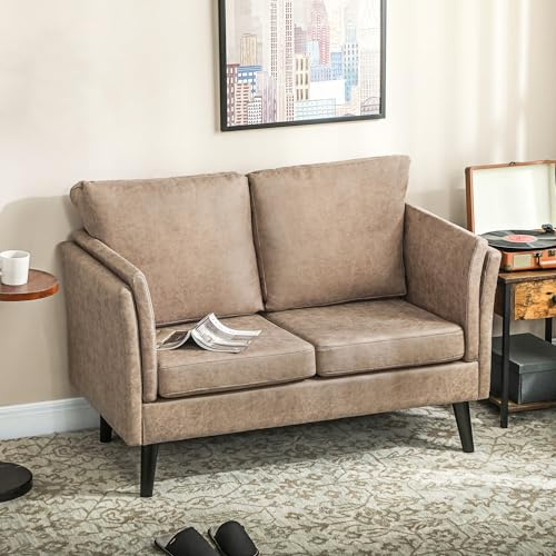 HOMCOM 2 Seater Sofa Modern Small Sofa with Thicken Cushion Light Brown | High-Resilience Foam, Rubber Wood Legs, Leathaire Upholstered Loveseat Settee, Living Room, Bedroom, Home Office