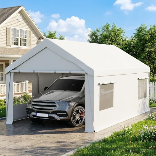 Bezseller 12x20 FT Heavy Duty Carport Canopy with Roll-Up Windows & Doors, Car Tent Portable Garage with All-Season Tarp for Cars, Boat, Trucks, White