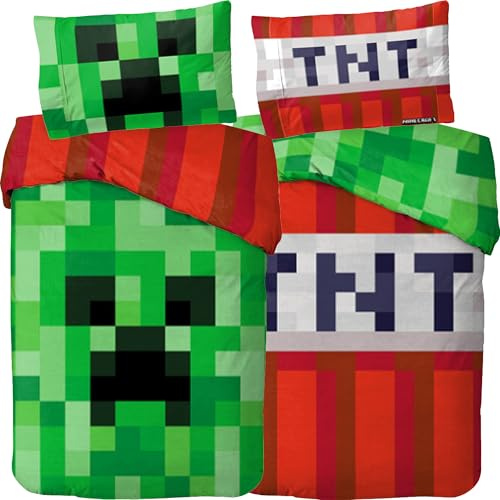 Minecraft Sängkläder Creeper TNT 135 x 200 cm 80 x 80 cm 100 % bomull bäver/flanell vändmotiv varmt mjuka barnsängkläder pojkar flickor fanartikel YKK-dragkedja present