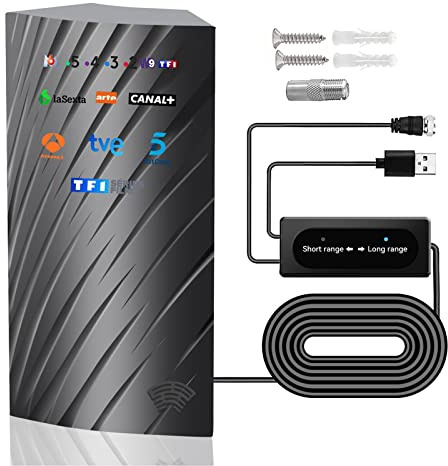 Antenne TV Extérieure Intérieur, 39DBI 480 km Réception Antenne TNT avec Câble Coaxial de 10m, Gain élevé Signal Amplificateur et Mode Double Signal pour 1080P 4K DVB-T DVB-T2 VHF UHF