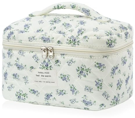 Neceseres de Maquillaje para Mujer con diseño de Flores, Bolsa de Aseo de Maquillaje, Bolsa de Aseo Grande, Bolsa de Maquillaje portátil (Flor de Calabaza Azul Claro)