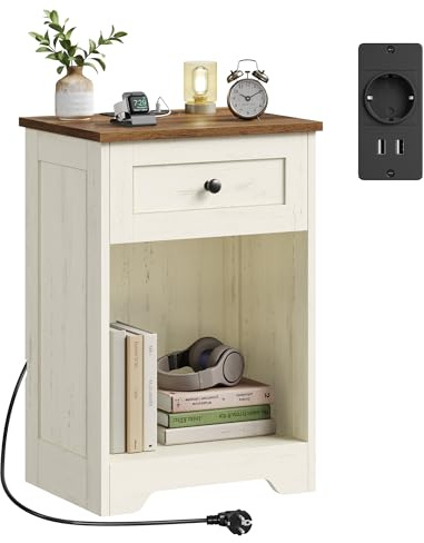 VASAGLE Mesita de Noche con Enchufes, Mesa Auxiliar con 2 Cajones y Compartimento Abierto, 40 x 30 x 59 cm, para Dormitorio, Salón, Blanco Rústico y Marrón Miel, Colección Siren LET648WJ01