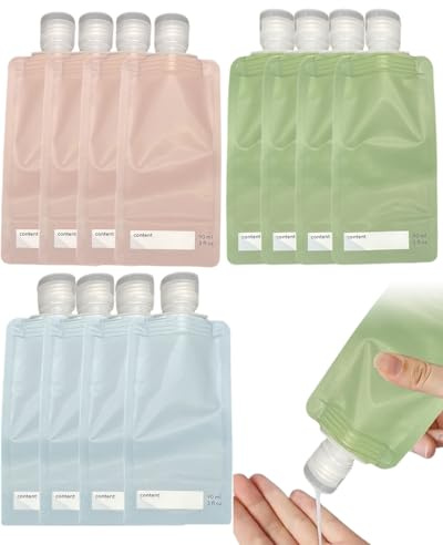 DLPRK 12 piezas Botellas de viaje para artículos de aseo, rellenables y a prueba de fugas, travel essentials y higiene, 4 in 1 travel bottles kit para champú, acondicionador, loción y más (90ML)