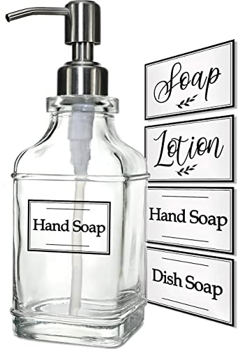 JASAI Antique Design Soap Dispenser with Rust Proof 304 Stainless Steel Pump, Refillable Glass Soap Dispenser with 10Pcs Clear Stickers, Premium Kitchen & Bathroom Soap Dispenser